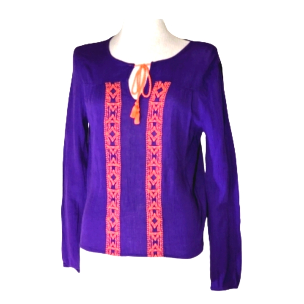 Decree Top Casual Boho Style Peasant Tassle Ties Purple Size M